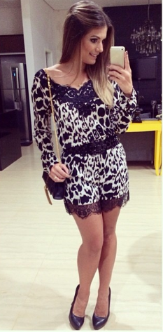 Macaquinho Leopard Long-Sleeved Lace